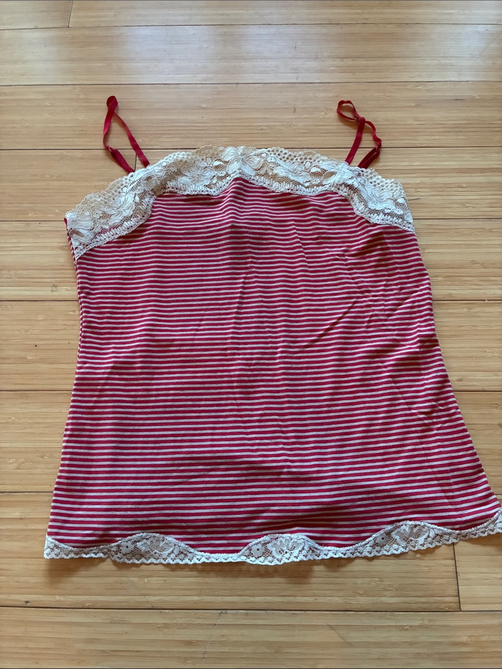 LOFT Red and White Striped Lace-Trim Cami
